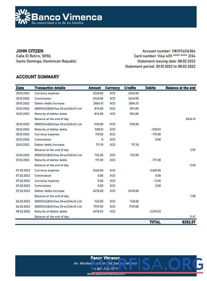Blank Dominican Republic Banco Vimenca bank statement excel template